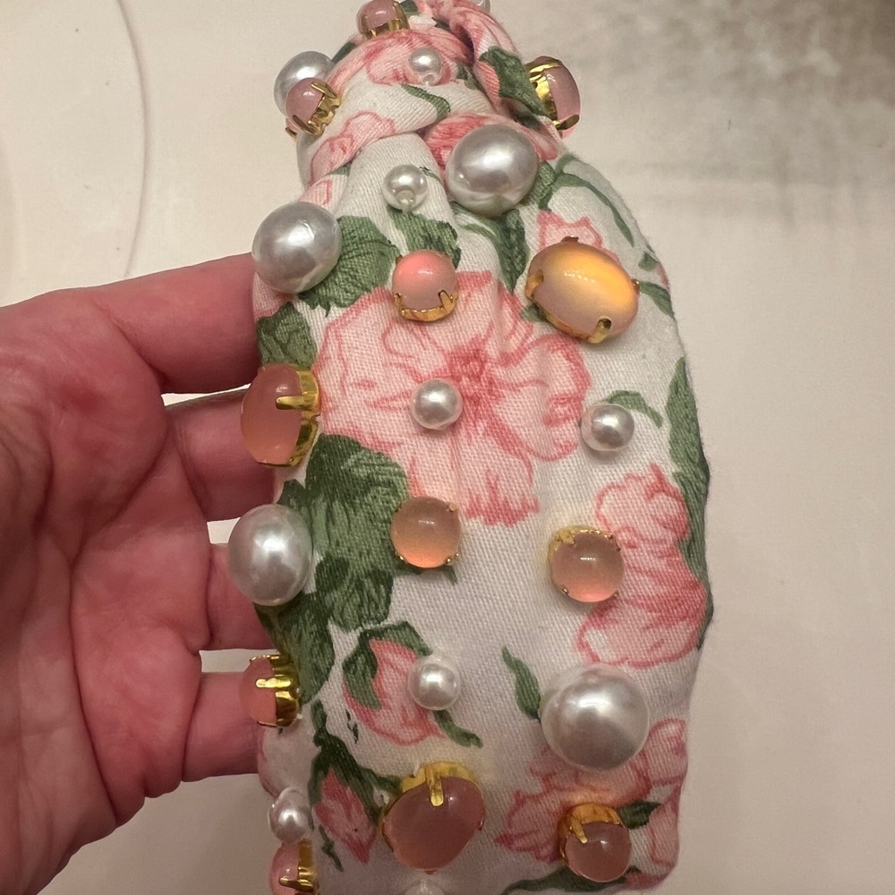 Brianna Cannon pink and white floral headband with stones and pearls - Picture 3 of 4